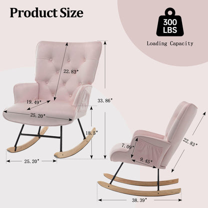 Rocking Chair for Nursery, Comfy Velvet Fabric Glider Rocker, Reading Chair with Support Seating and Side Pockets, Rocking Recliner Chair for Living Room, Bedroom, Balcony, Creamy Beige