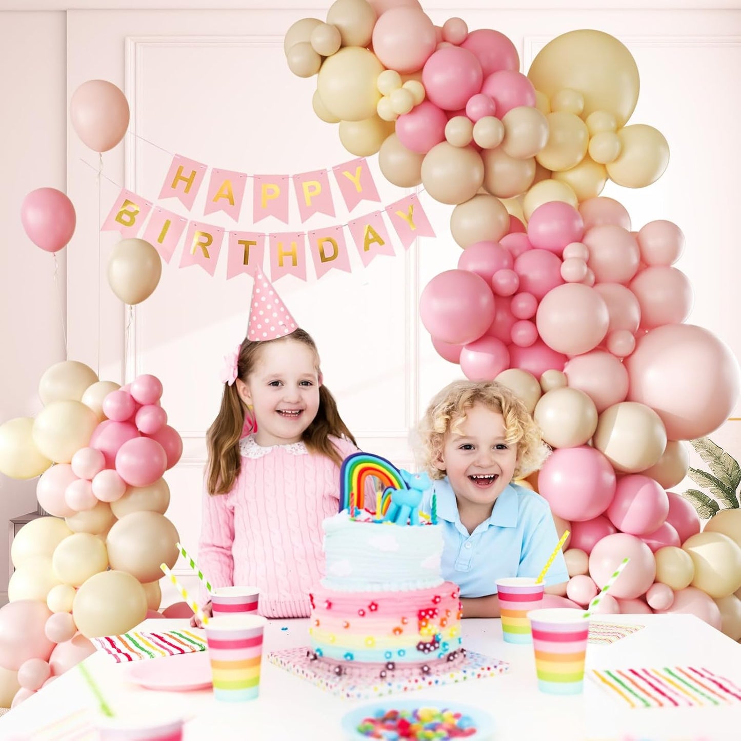 146pcs Pink and Yellow Balloon Garland Arch Kit, Pastel Pink Light Pink Pastel Yellow Sand White Latex Balloons for Cartoon Bear Themed Birthday Wedding Baby Shower Party Decorations