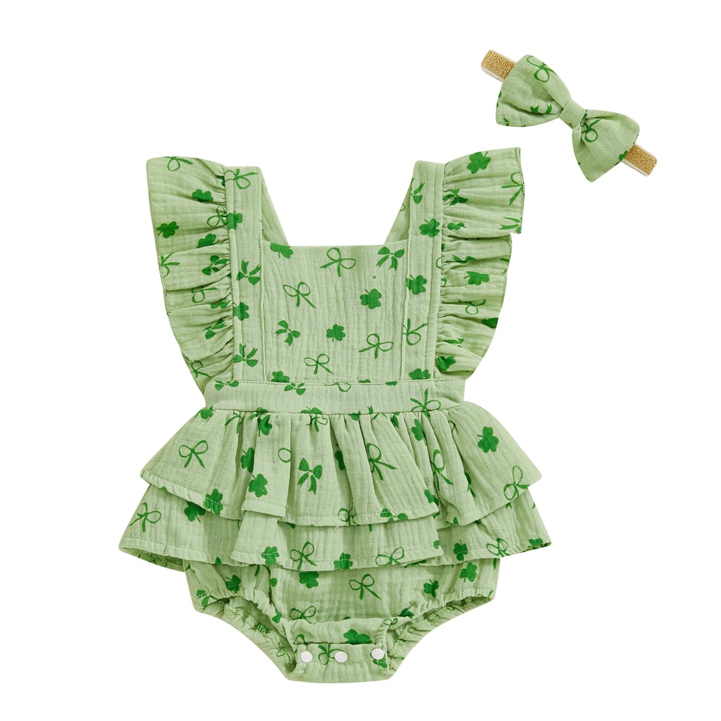 Baby Girls Flutter Sleeve Ruffles Layered Romper Dress Cute Patterns Printed Holiday Outfit with Headband