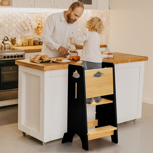 COSYLAND Toddler Standing Tower Adjustable Height - Super Stable Kids Kitchen Stool Helper - 3 Levels Adjustable Wooden Toddler Kitchen Stool (Natural & Navy Blue)