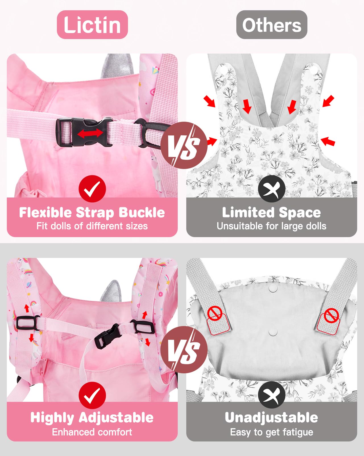 Lictin Baby Doll Carrier, Front and Back Doll Accessories Carrier for Little Girls, with Adjustable Straps for Stuffed Animal Reborn Baby Doll