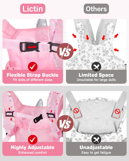 Lictin Baby Doll Carrier, Front and Back Doll Accessories Carrier for Little Girls, with Adjustable Straps for Stuffed Animal Reborn Baby Doll