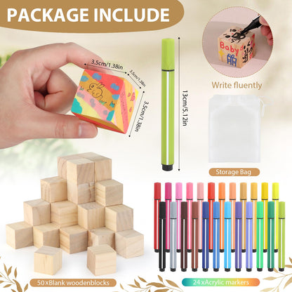Baby Shower Games Sign Kit with 50 Blank Wooden Baby Blocks, 24 Acrylic Paint Marker and Wooden Sign, Blocks for Baby Shower, Gender Reveals Party(Green)