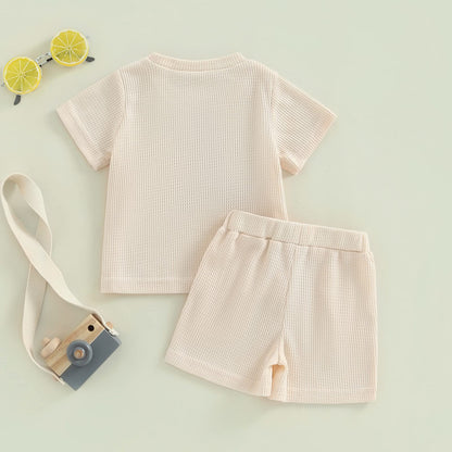 Kupretty Toddler Baby Boy Summer Clothes Embroiderey Waffle Knit Short Sleeve T-Shirt Tees + Casual Shorts Cute Clothing Set