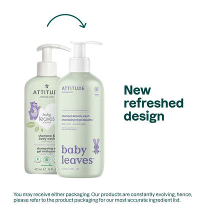 ATTITUDE 2-in-1 Shampoo and Body Wash for Baby, Fragrance-Free EWG Hypoallergenic Plant- and Mineral-Based Ingredients, Vegan and Cruelty-Free, Unscented, 16 Fl Oz