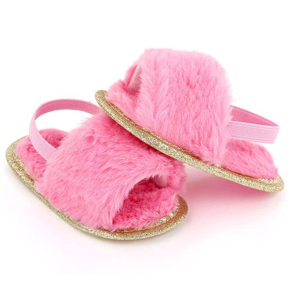 2 Pack Infant Baby Girls Sandals Elastic Back Strap Flats Slippers Soft Toddles Princess Shoes Faux Fur Slides Shoes First Walker House Shoes