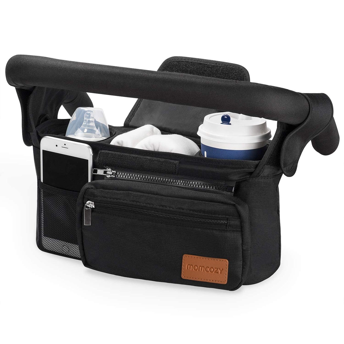 Momcozy Universal Stroller Organizer, 2 Insulated Cup Holders, Removable Zip Pocket, Adjustable Straps, Large Capacity Baby Essentials Compact Design, Fits Any Stroller (Multicolor)