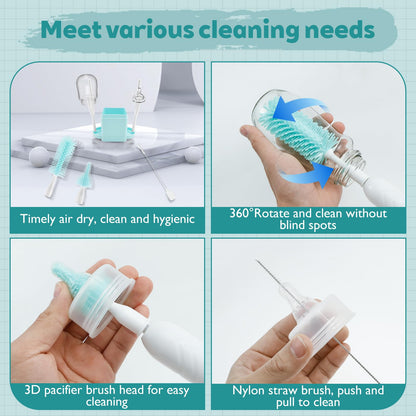 Bottle Brush Cleaning Set with Storage Holder, Adjustable Cleaning Power, Silicone Plastic LED Display Bottle Cleaner Brush for Long Narrow Neck Bottles, Water Bottles, Baby Bottles, Tumblers (Pink)