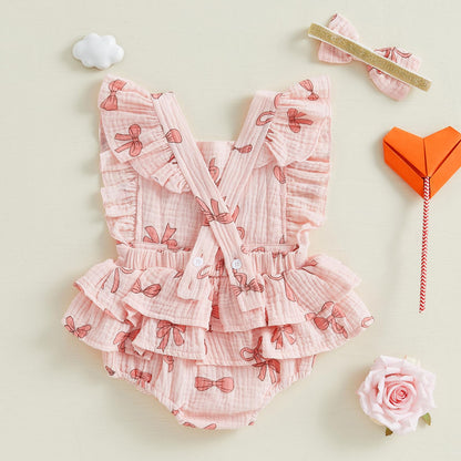 Baby Girls Flutter Sleeve Ruffles Layered Romper Dress Cute Patterns Printed Holiday Outfit with Headband