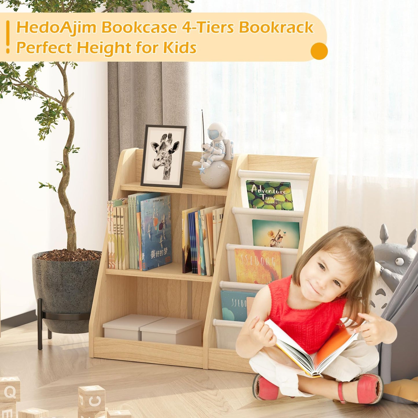 White Kids Bookshelf Wood Toy Storage Organizer Cabinet Children Bookcase Toddler Baby Sling Book Rack 3 Cube Bins Fabric Drawers for Playroom Bedroom Nursery School