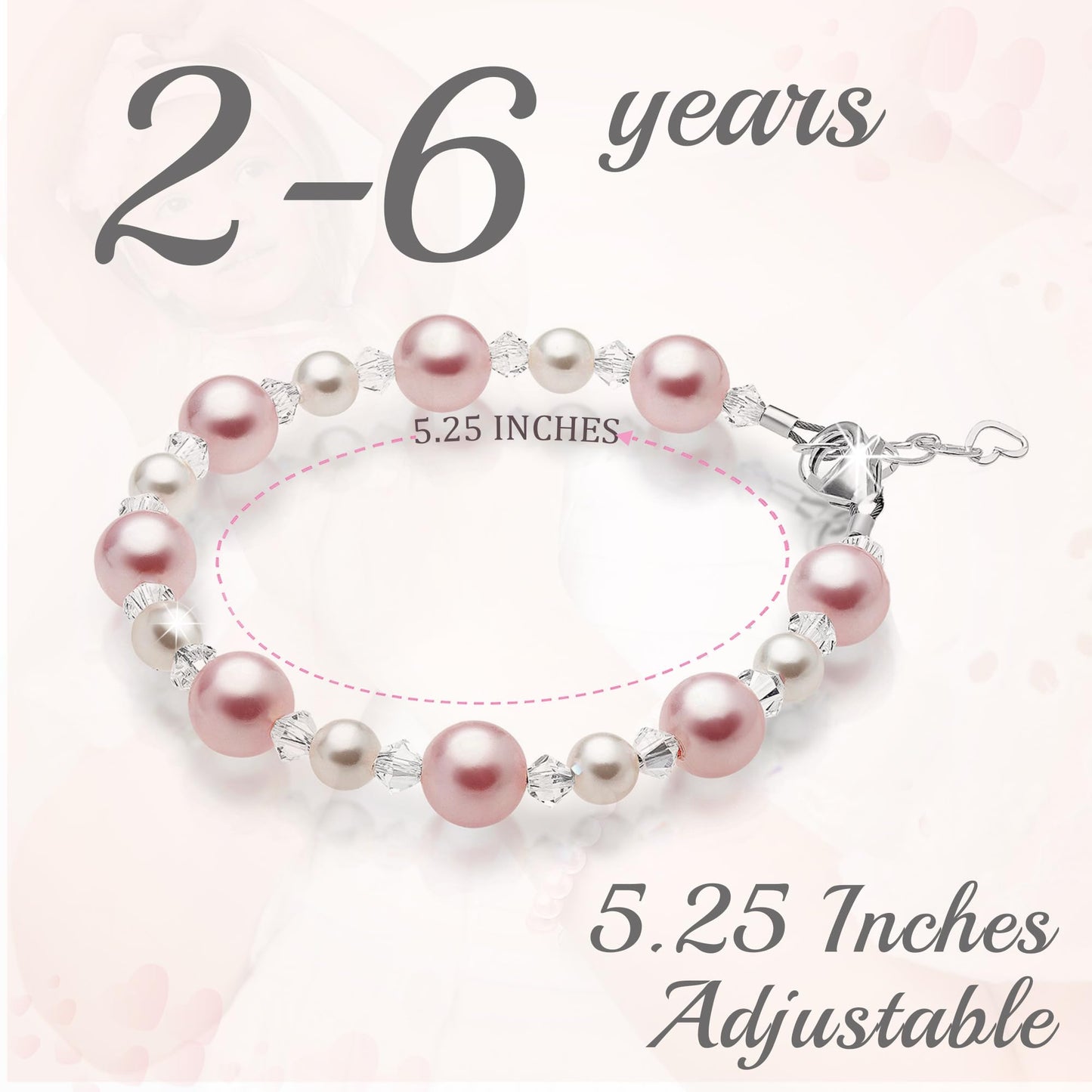Pretty Sterling Silver Bracelets for Girls with Pink and White Simulated Pearls, European Crystals, Girls Jewelry, Pearl Bracelet for Girl, Birthday Gifts