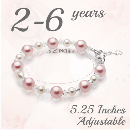 Pretty Sterling Silver Bracelets for Girls with Pink and White Simulated Pearls, European Crystals, Girls Jewelry, Pearl Bracelet for Girl, Birthday Gifts