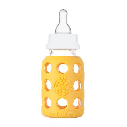 Lifefactory 4-Ounce BPA-Free Glass Baby Bottle with Protective Silicone Sleeve and Stage 1 Nipple, Lilac