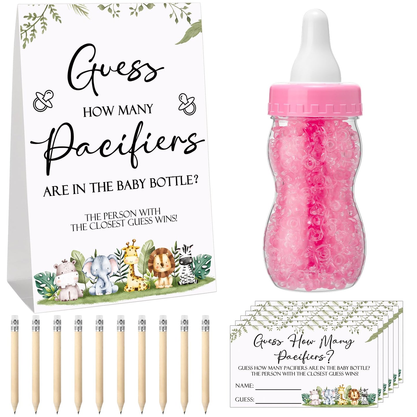 Roowest 512 Pcs Baby Shower Games Guess How Many Pacifiers Sign 100 Small Guessing Games 10 HB Pencils 750ml Milk Bottle 400 Acrylic Pacifiers Decoration for Guest Gender Reveal(Pink,Bear)
