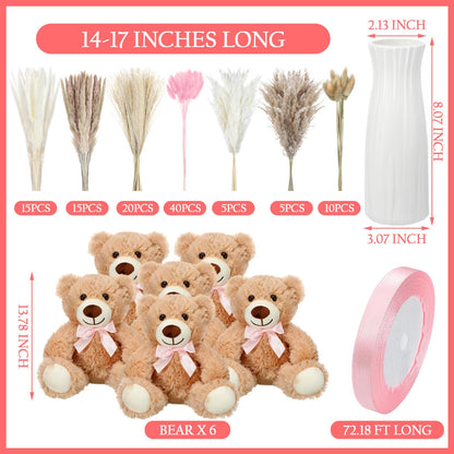 6 Sets 123 Pcs Baby Shower Table Centerpieces Dried Pampas Decor Bear Stuffed Ceramic Look Plastic Vase with Bow for Boho Wedding Bridal Shower Flowers Table Decorations(Brown,Neutral)