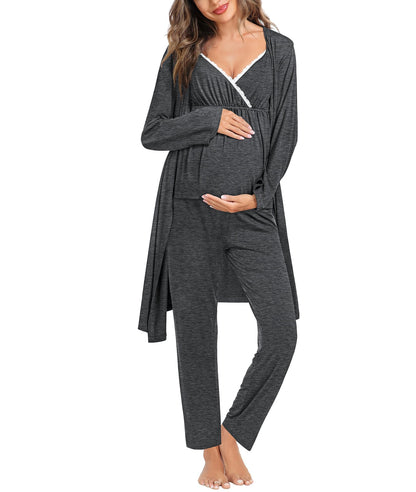 SWOMOG Maternity Nursing Robe Set 3 Piece Breastfeeding Pajamas 3 in 1 Labor Delivery Sleevless Tops&Long Pants Pregnancy Pjs