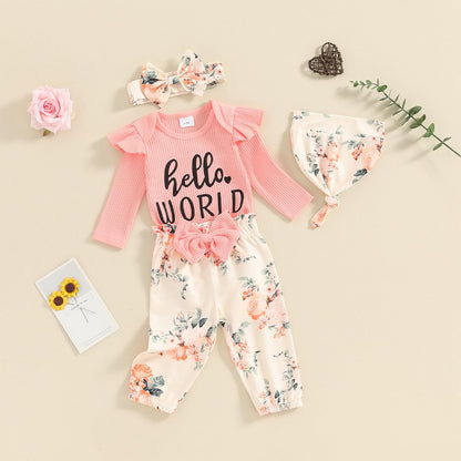 Hello World Newborn Outfit Baby Girl Going Home Outfit Ruffle Ribbed Romper Top Floral Pants Set Cute Summer Clothes
