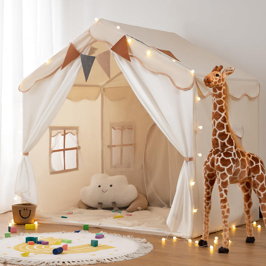 BESREY Kids Play Tent - 2 in 1 with Padded Mat & Lights, Large Playhouse with 2 Doors & 4 Windows, Indoor & Outdoor, Christmas Toddler Play Tent, 51" x 35" x 51
