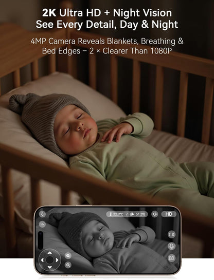 2K 4MP UHD Smart WiFi Baby Monitor PTZ Indoor Camera for Home Security, Pet Camera w/Motion Detect Auto Tracking, Real-Time Alerts, 2-Way Audio, Night Vision w/Light, Cloud & Micro SD Card Storage