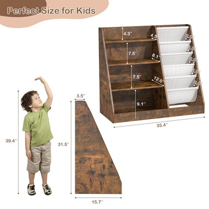 White Kids Bookshelf Wood Toy Storage Organizer Cabinet Children Bookcase Toddler Baby Sling Book Rack 3 Cube Bins Fabric Drawers for Playroom Bedroom Nursery School