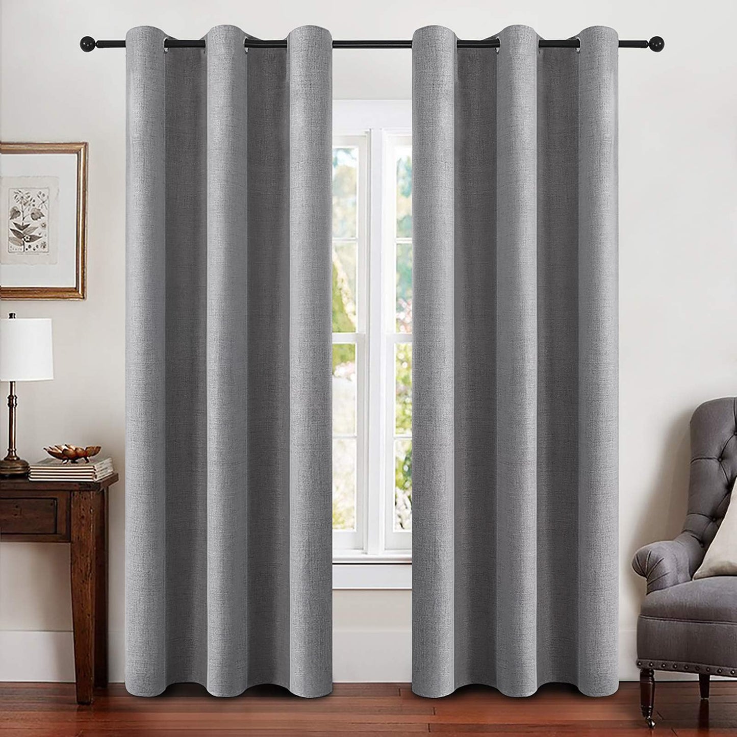 MIULEE 100% Blackout Linen Textured Curtains for Bedroom Solid Thermal Insulated Natural Beige Grommet Room Darkening Curtains & Drapes Luxury Decor for Living Room Nursery 52 x 84 Inch (2 Panels)
