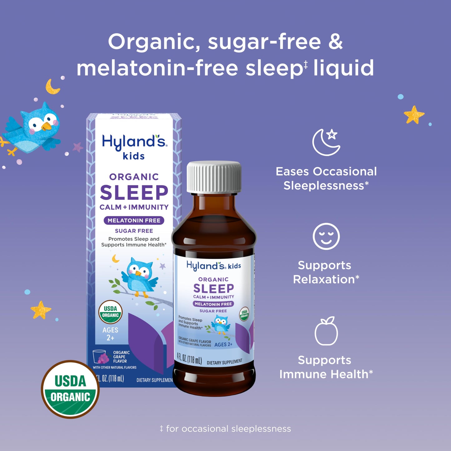 Hyland's Kids Sleep Calm and Immunity with Melatonin, Promotes Sleep and Supports Immune Health, Ages 2 and up, Grape Flavor, 4 Fl. Oz.