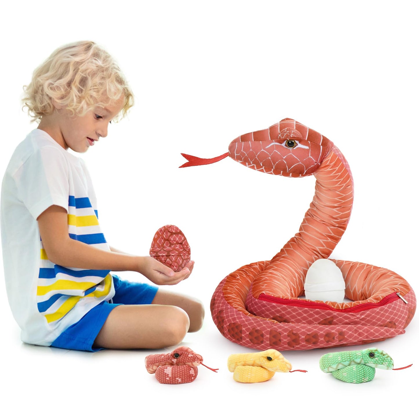 MorisMos Snake Stuffed Animals Plush Toy 120 Inch Giant Snake Plush with Babies Stuffed Snake Toys for Kids Plush Party Decorations Favors Prank Props, 4 Snake Babies, 3 Snake Eggs