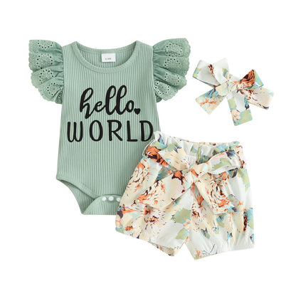 Hello World Newborn Outfit Baby Girl Going Home Outfit Ruffle Ribbed Romper Top Floral Pants Set Cute Summer Clothes
