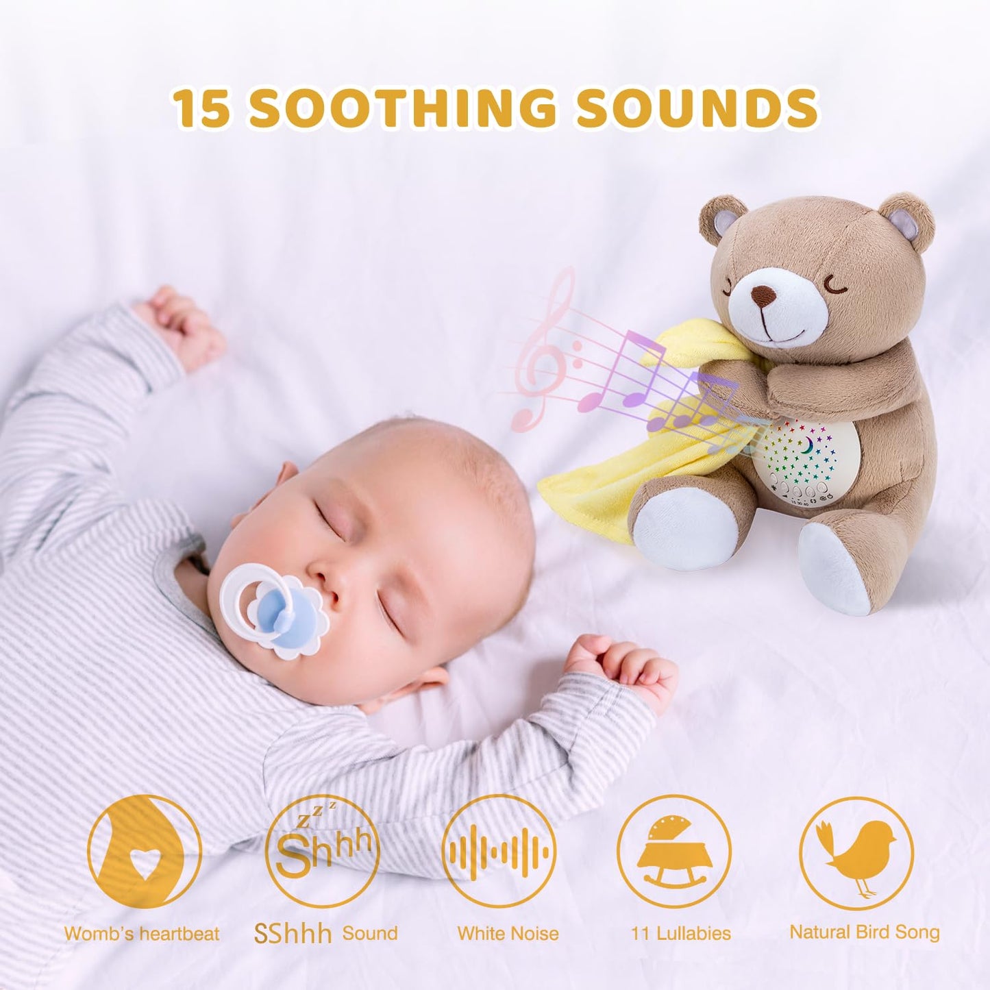 BEREST Baby Sleep Soother Happy Bear, Mom's Heartbeat Bear Lullabies White Noise Machine, Nursery Decor Night Light Projector, Toddler Crib Sleeping Aid, Baby Shower Gifts Portable Teddy