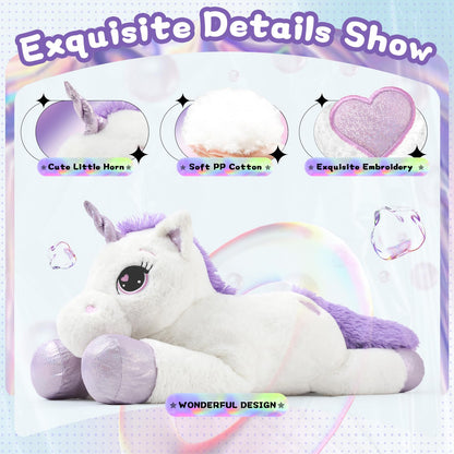 43" Giant Unicorn Stuffed Animal, Unicorn Plush Pillow Toys Big Plushy Fluffy, Gift for Girls Kids Boys Girlfriend, White & Purple