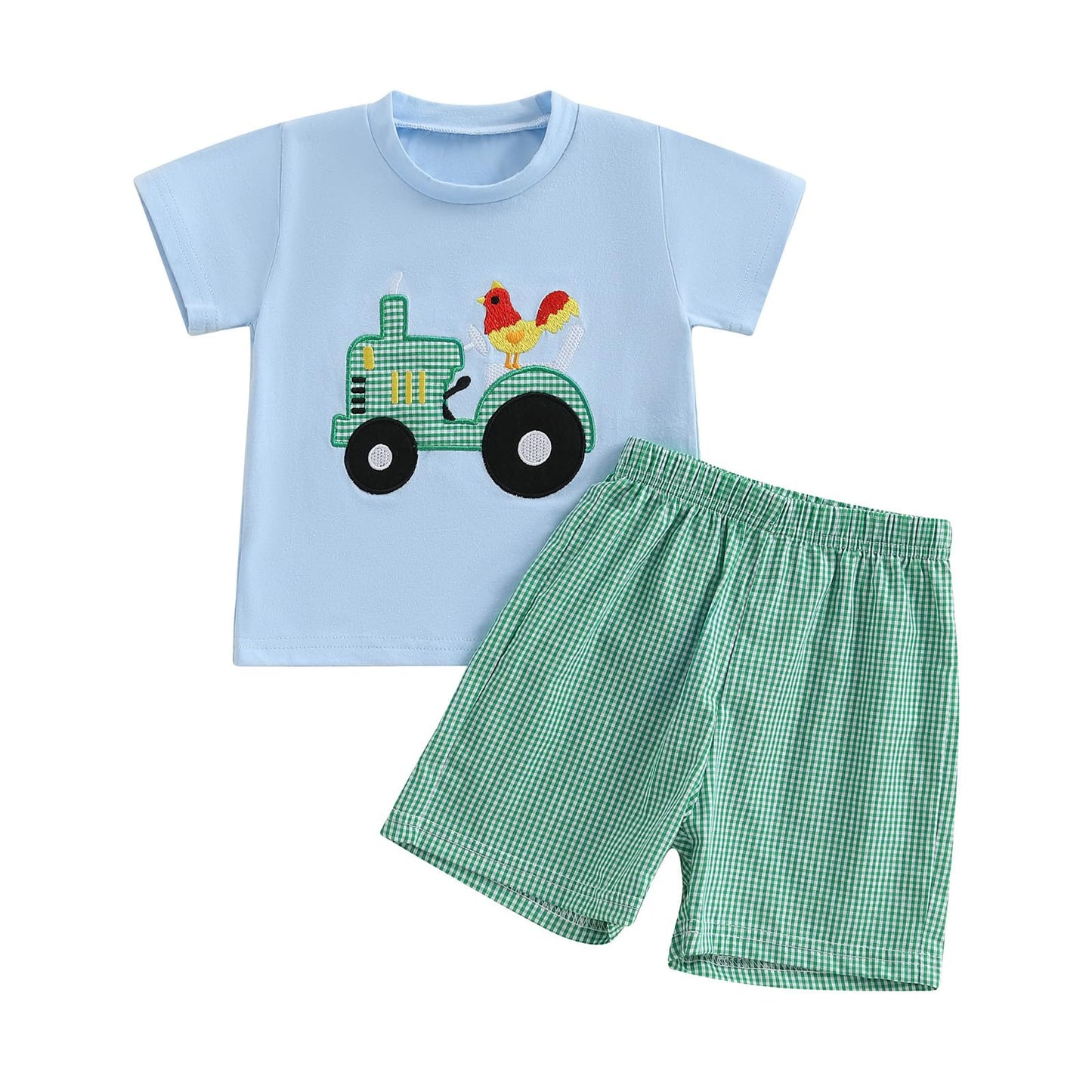 Toddler Baby Boy Summer Outfits Short Sleeve Embroidered T Shirt Tees + Striped/Plaid Shorts Infant Clothes Set