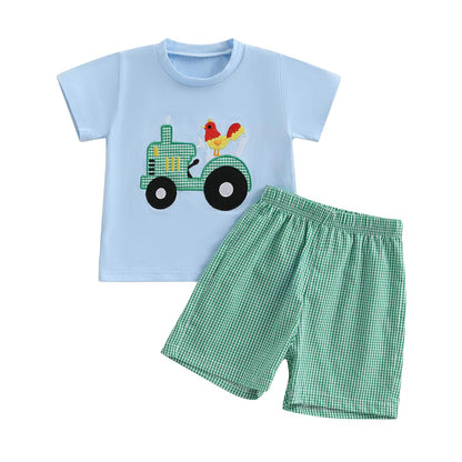 Toddler Baby Boy Summer Outfits Short Sleeve Embroidered T Shirt Tees + Striped/Plaid Shorts Infant Clothes Set