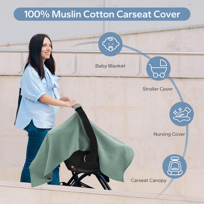 SERAPHY 100% Muslin Cotton Car Seat Covers for Babies, Universal Baby Car Seat Cover, Breathable Muslin Carseat Cover Canopies for Boys and Girls, Soft Infant Car Seat Cover for Summer — Rabbits