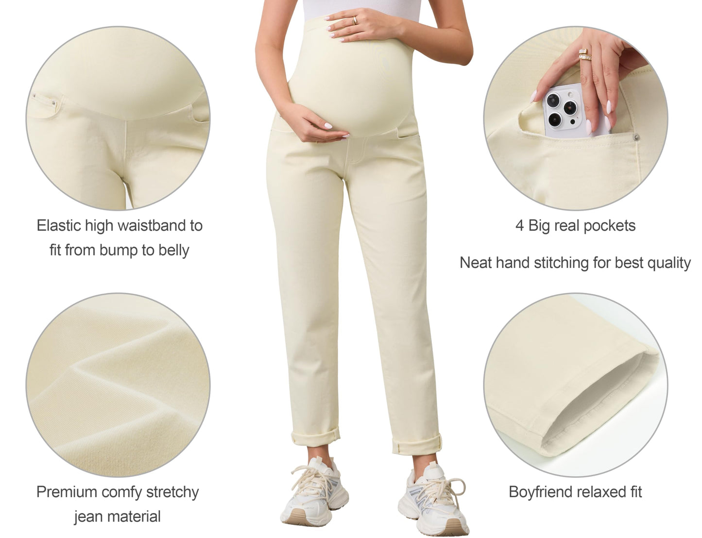 POSHGLAM Women's Maternity Jeans Over Belly Comfy Stretch Boyfriend Jeans Loose Pregnancy Pants, S-XXL