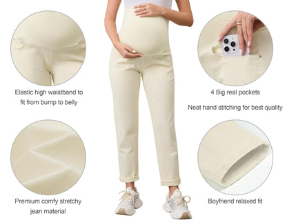 POSHGLAM Women's Maternity Jeans Over Belly Comfy Stretch Boyfriend Jeans Loose Pregnancy Pants, S-XXL