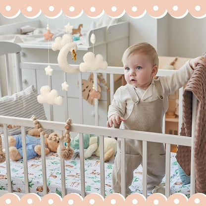Crib Mobile for Boys Girls, Cute Stars Moon Cloud Boho Gender Neutral Hand-Crocheted Mobile for Baby Nursery Ceiling Mount Unisex