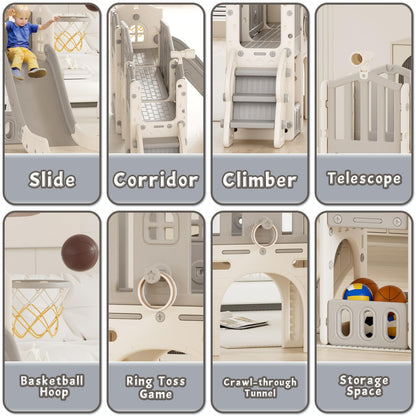 KORIMEFA 8 in 1 Toddler Slide Set, Kids Slide for Toddlers Age 1-3, Toddler Climber PlaySet with Basketball Hoop and Ball, Outdoor Indoor Kids Playground for Toddlers 1-3, Beige