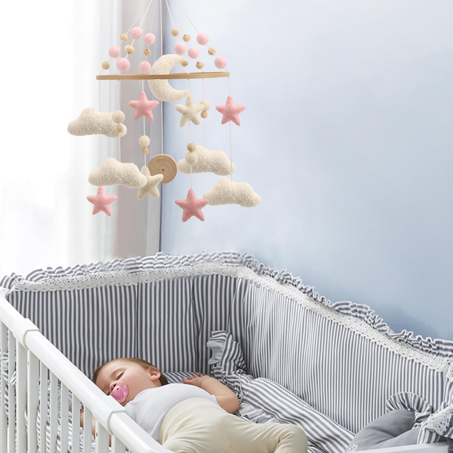 Cloud Mobile for Crib - A Handmade Cloud Crib Mobile with Moon and Pink Stars