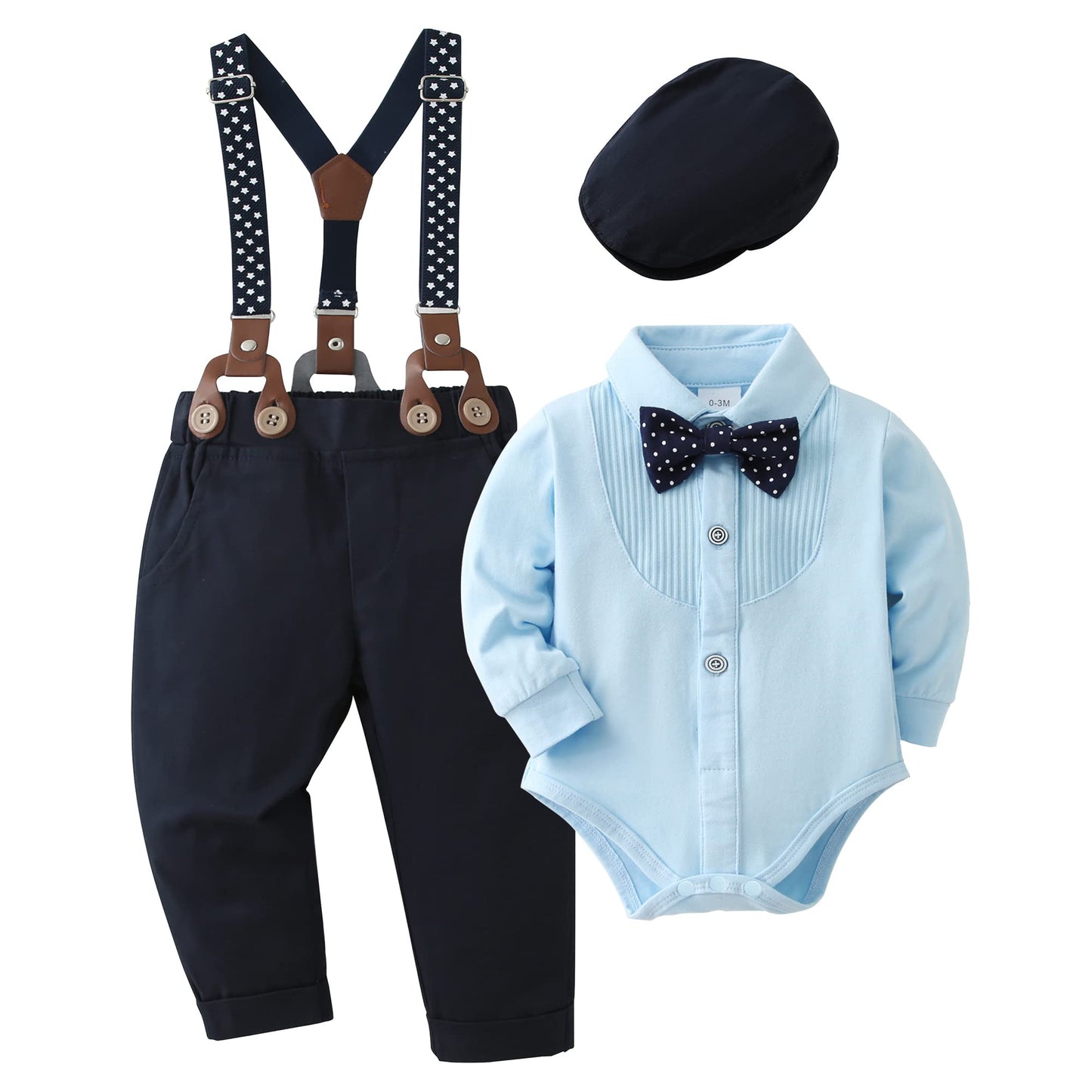 YUEMION Baby Boy Clothes Wedding Outfit Suits, 0-18 Months Infant Boy Gentleman Set, Dress Shirt+Vest+Suspender Pants+Bowtie