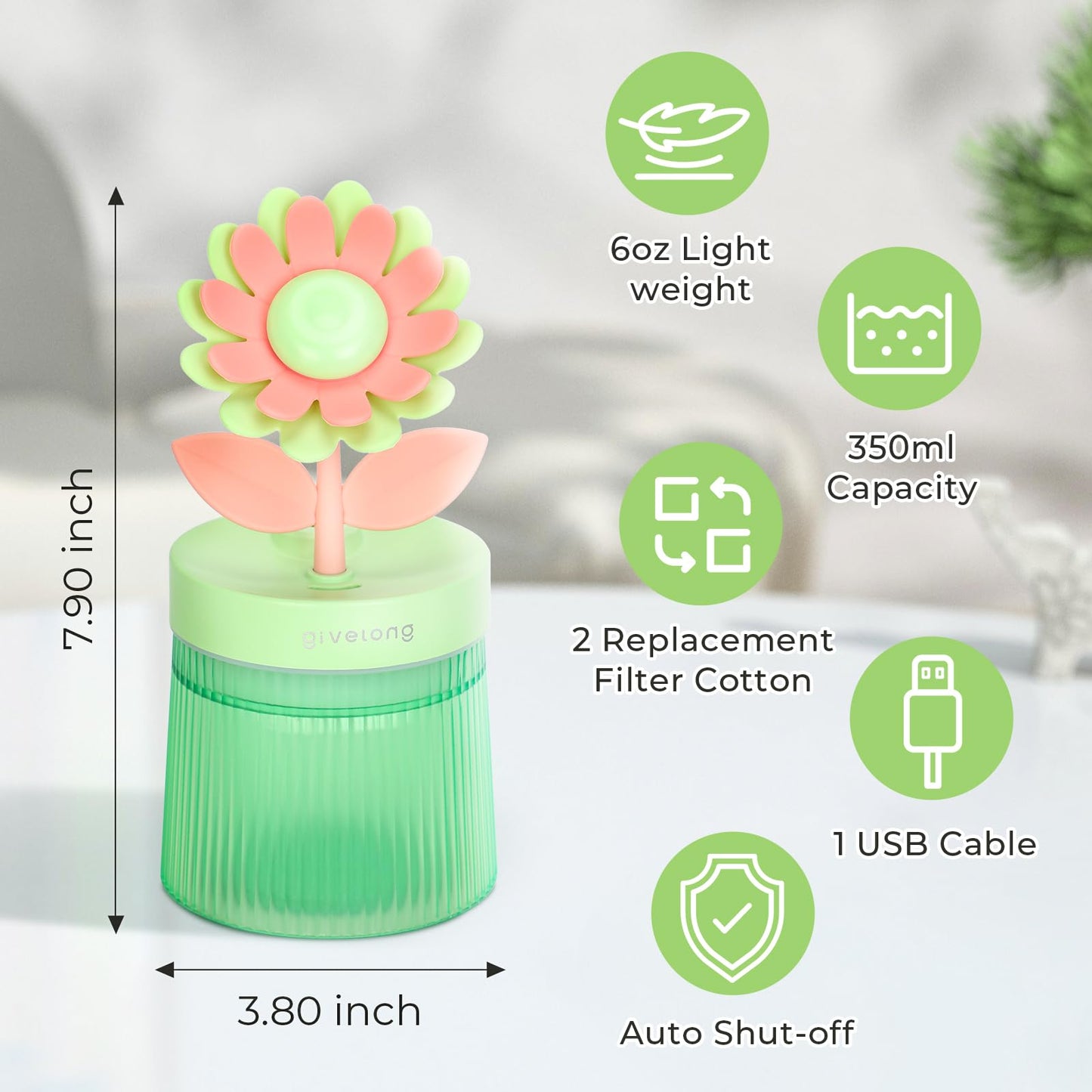 Cute Flower Mini Humidifier, 260ml Gardenia Desktop Humidifiers for Bedroom, Portable Small Cool Mist Humidification for Home, Baby Nursery, Office & Indoor Plants, USB Powered (Pink)