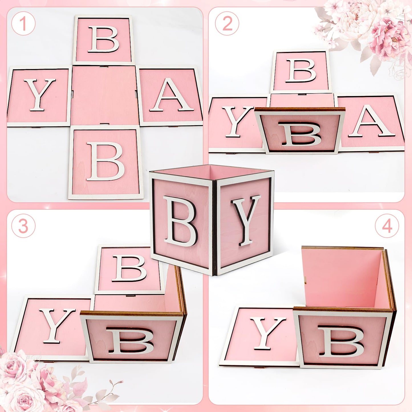 4 Set Baby Shower Centerpieces for Tables - 6 inch Wooden Boxes with Baby Letters Rustic Cube Planter Wood Blocks for Boy Girl Gender Reveal Party Favor (Blue)