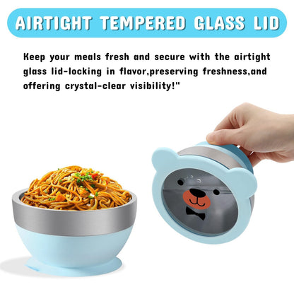Suction Bowl and Spoon Set for Babies and Toddlers Non-Slip Silicone Suction Cups, Advanced 304 Stainless Steel Bowls, Double-Layer Insulation, and BPA-Free Lids Food-Grade Safety BLUE