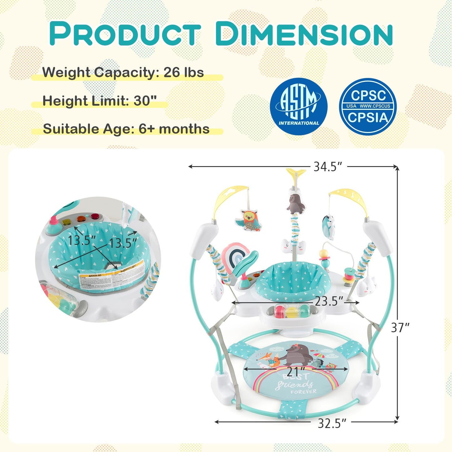 BABY JOY Baby Jumpers and Bouncers, Infant Activity Center with Music Lights Sounds, 360° Rotating Seat and 3 Adjustable Heights, Baby Play and Learning Center for 6-12 Months