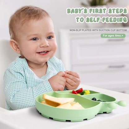 Silicone Baby Plate with Super Suction – Snail Shape 3 Compartment Toddler Food Plate Self Feeding Unbreakable Eating Supplies for Boys and Girls (Pink) (Green)