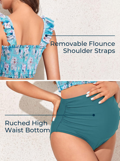 Summer Mae Maternity High Waist Bikini Swimsuit Two Piece Ruffled Hem Cute Bathing Suit Floral Pregnancy Swimwear