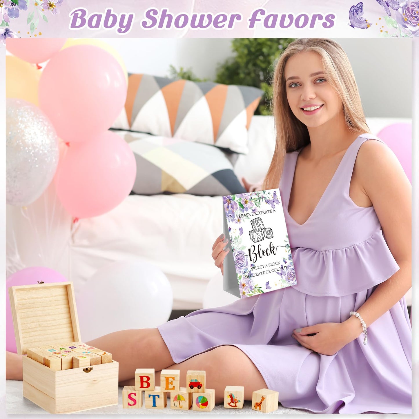 Marsui 136 Pcs Baby Shower Blocks to Decorate Game Kit Includes 98 Wooden Blocks, 36 Markers, 1 Game Sign, 1 Storage Box for Baby Shower Gender Reveal Activity Party Decorations(Pink Elephant)
