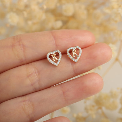 Anoup Heart Initial Stud Earrings - Gifts for Girls, Sterling Silver Post 14K Gold Plated All Over Hypoallergenic | CZ Simulated Diamond Stud Earrings | Birthday Gifts for Kids Toddlers Daughter