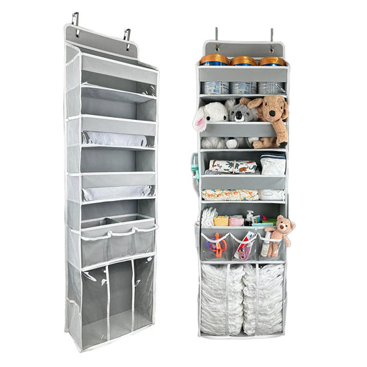 Door Hanging Storage Organizer,with 3 Bins 1 Movable Baby Diaper Caddy,1 Large capacity diaper stacking storage Organizer,10 Side Pockets ,Bedroom Door Storage for Nursery Baby Essentials. (Beige)