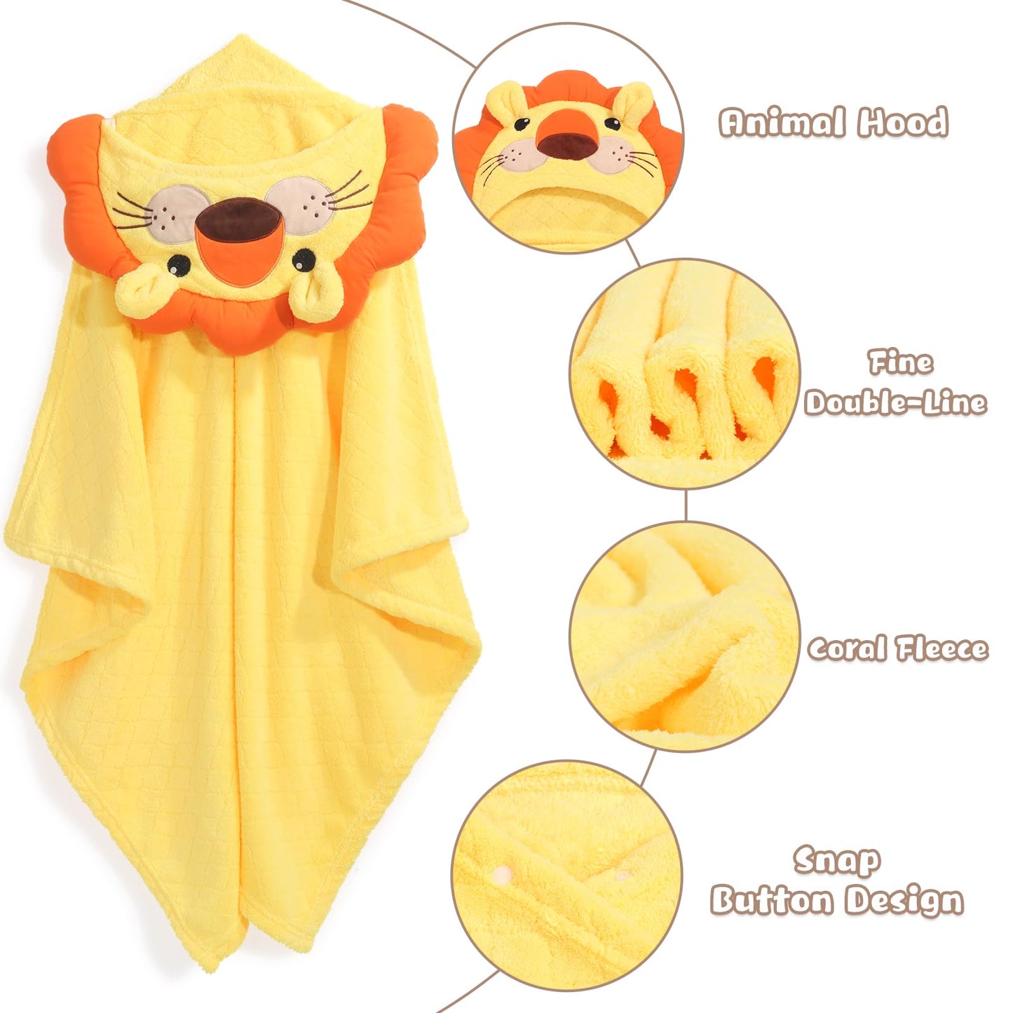 Hooded Baby Towels Boy for 0-6 Years, 50"x 32" Extra Large Toddler Bath Towels with Hood for Boys & Girls, 2-Pack Absorbent Thick Soft Gift for Kids Yellow Lion & Orange Monkey
