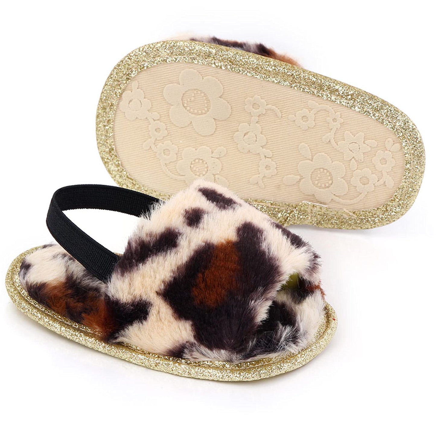 2 Pack Infant Baby Girls Sandals Elastic Back Strap Flats Slippers Soft Toddles Princess Shoes Faux Fur Slides Shoes First Walker House Shoes